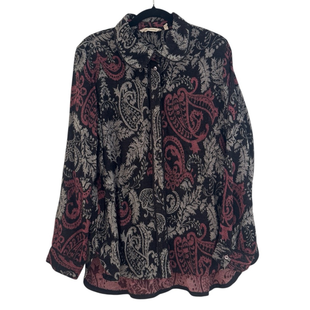 Soft Surroundings Shirt Women's XL Black Red Paisley Collared Button Top 1045